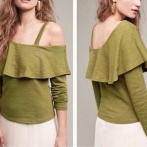Anthro Postmark Off Shoulder Ruffle Long Sleeve Olive Green Top SZ L Boho NWT